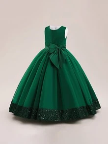 Gaun Pesta Elegan Tanpa Lengan Berpayet dan Pita dari Satin Jala untuk Anak Perempuan Remaja, Bando Tidak Termasuk - Dark Green - View 9