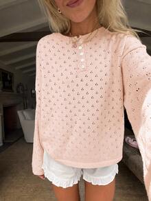 FOR BEAUTY Women's Spring/Autumn/Winter Pink Y2K Casual Long Sleeve Hollow Knit Sweater, Round Neck Fall - Shrimp Powder - View 6