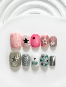 10pcs Sweet Style Handmade Press-On Nails, Polygel Nail Art Set, Star, Apple, Diamond Elements, Pink, Green, Silver, Black, White Nail Polish, Unique Style, Includes Nail Tools, 3 Sizes Available, Square, Short Square, Almond Shape, Suitable For Party, Dancing, Daily Wear - 彩色 - 查看 2