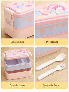 Cute Cartoon Double-Layer PP Portable Lunch Box, Patterns Include Unicorn, Dinosaur And Seal; Perfect For School, Picnic, Outing And Holiday Use. - Multicolor - View 10