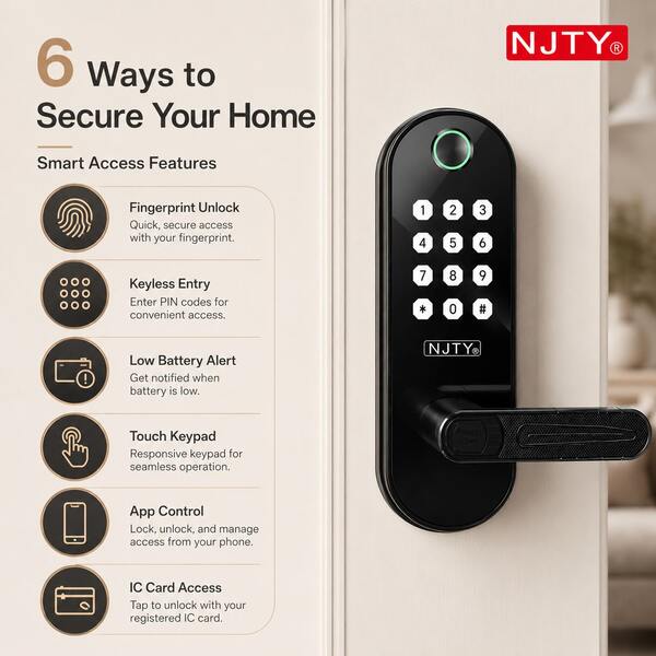 NJTY Smart Fingerprint Door Lock Keyless Entry Deadbolt, Electronic Digital Password Lock With App Control, IC Card & Passcode Unlock, Fast Biometric Recognition Smart Home Security System For Front Door
