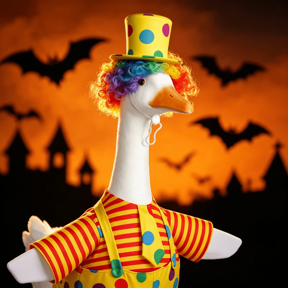 23 Inches Porch Goose Clown Clothes 3 Pcs Set, Dot Stripe Print Fake Two Pieces Overalls + Top Hat + Wig - A - View 1