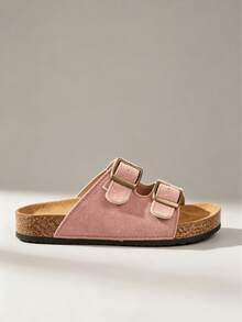 1 Pair Girls' Pink Solid Color Vintage Distressed Metal Double Buckle Decor Soft Cork Sole Non-Slip Breathable Open Toe Low-Top Double Adjustable Buckle Strap Flat Sole Casual Sandals For Home, Summer Outings, Back To School - Pink - View 2