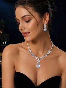 3pcs Cubic Zirconia Women's Jewelry Bridal Wedding Jewelry Square Sugar Necklace Earrings Dress Accessories Suitable For Birthday Evening Party - Silver - View 2
