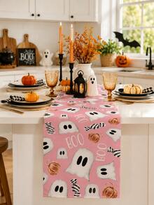 1pc-Pastel Pink Cute Ghost Boo Halloween Table Runner, Watercolor Pumpkin Black White Candy Pattern Fall Table Runner, Farmhouse Style Holiday Decorative Table Linens For Dining Table Kitchen Counter Party Supplies - Multicolor - View 4