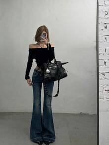 YEAE | Vintage Washed Blue Super Low-Waist High Stretch Flare Jeans Casual - Medium Wash - View 6