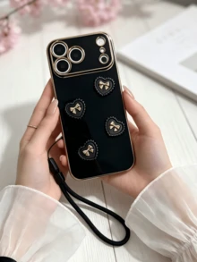 3D Gold Bow Heart Glossy Plating Phone Case With Lanyard, Coquette Aesthetic Luxury Black Gold Shockproof Protective Cover Compatible With IPhone 17/16/15/14 Pro Max & S25 Ultra/S24/S23/A Series, Ins Korean Sweet Cool Anti-Drop Phone Shell Gift For Women - Black - View 2