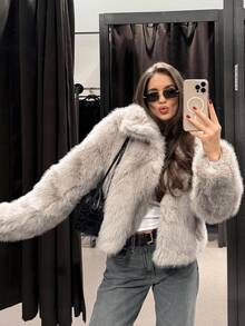 GDDYIN Jaket Bulu Imitasi Elegan untuk Wanita, Kerah Tegak, Lengan Panjang, Panjang Reguler, Cocok untuk Musim Dingin - Grey - View 4