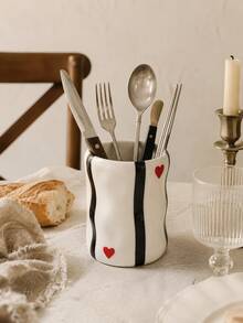 1pc Vintage Ins Style Heart Striped Wavy Resin Utensil Holder, Cute Farmhouse Kitchen Countertop Cutlery Organizer - Multicolor - View 10