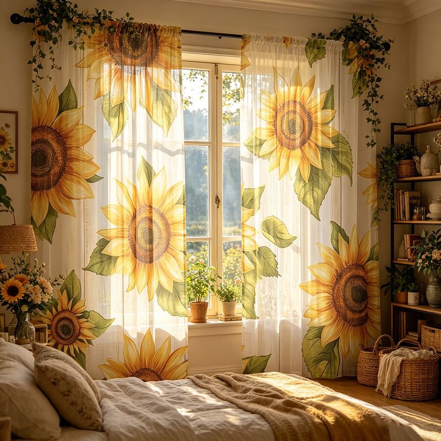 2 peças de cortinas transparentes com folha de girassol, madeira branca, estilo campestre fresco, cortinas transparentes estampadas para decoração de casa, telas elegantes para janela, adequadas para cozinha, café, sala de estar, sala de jantar ou decoração de local de casamento - Multicolorido - Ver 1