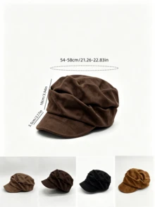 1pc Women's Autumn/Winter Brushed Brushed Slimming Equestrian Cap, Versatile Pleated Flat Top Duck Bill Hat, - Solid Color Dumpling Equestrian Hat - View 2