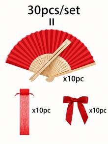Conjunto de 3-60 leques dobráveis vermelhos, lembranças para festa de noiva de casamento, leques dobráveis de mão em bambu com sacos de presente em organza e laços de fita de cetim, presentes para damas de honra, decorações de casamento, presentes para convidados, acessórios para eventos de verão - vermelho - Ver 7