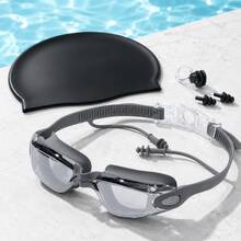Professional Adult Swim Goggles Set | High Definition Electroplated Anti-Fog Large Frame Goggles + High Elastic Silicone Swim Cap | Comes With Integrated Earplugs/Includes Nose Clip Combination - Black - View 6