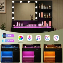 White Vanity Desk With Mirror And Lights, Vanitys With Glass Top & Power Outlet, Dressing Table With 36 Lighting Modes Brightness Adjustable RGB Drawers, For Women Girls Bedroom - Black - View 6