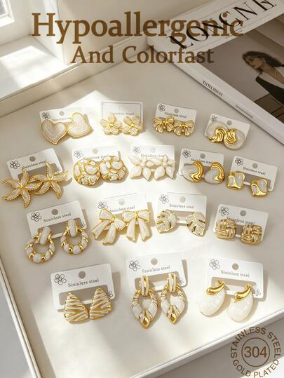 OBOVAY 24 piezas de pendientes de acero inoxidable blanco - Diseño elegante de océano y bosque, adecuado para uso diario, estilo unisex, ¡regalo ideal para maestros, familia y amigos en días festivos!