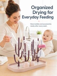 Baby Bottle Drying Rack - Bottle Drying Stand | Tree-Shaped Design Bottle Drying Tray | Upright Bottle Drying Station, Concave Large Base Plate, Gray, Creative Baby Bottle Draining Rack Tree-Shaped Bottle Drying Rack Baby Bottle Storage Dust-Proof Organizer Shelf, - Multicolor - View 4