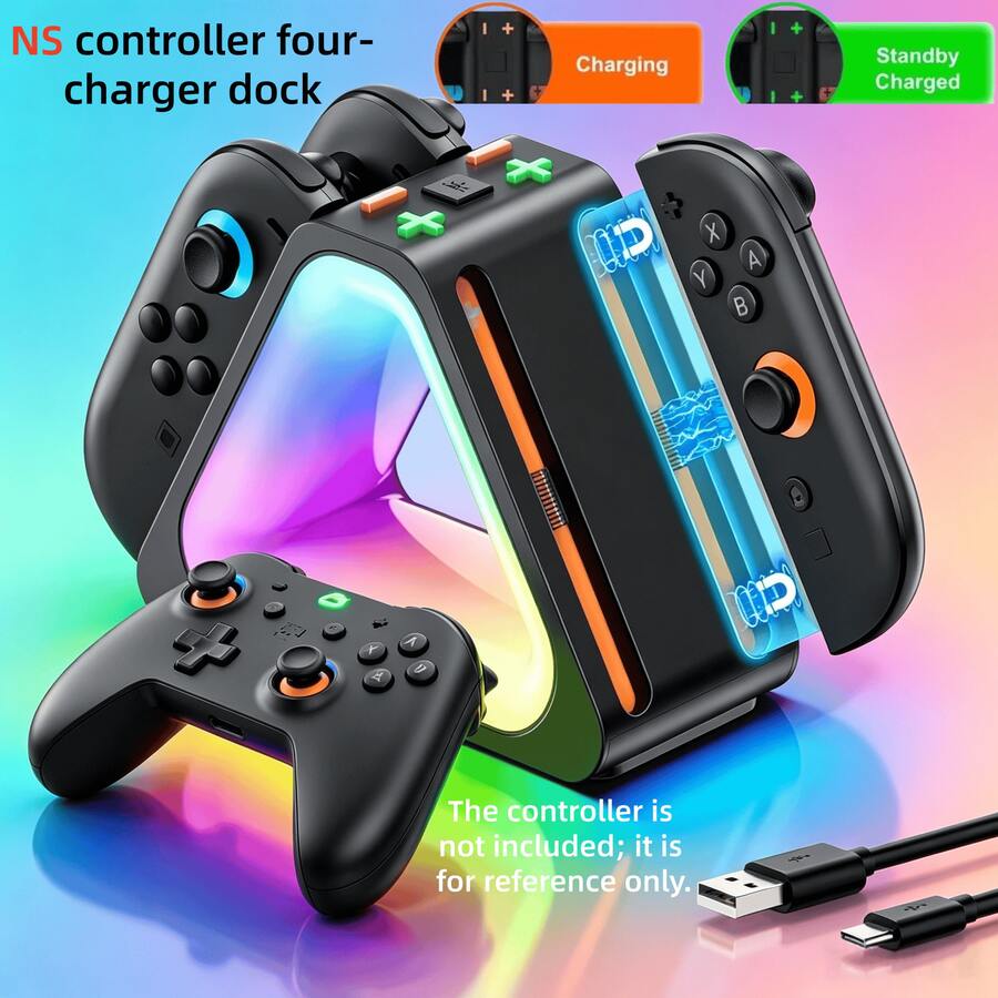 Iplay 4合1 三角形充電底座，適用於 Switch2 Joy-Con 控制器，附 RGB 環境燈效，Type-C 介面連接（黑色）