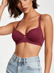 1pc Women's Comfortable Casual Wireless Soft Cup Solid Color Bra - Burgundy - View 6