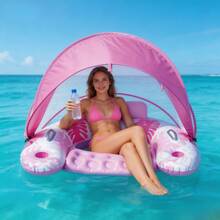 1pc Adult Inflatable Pool Float Bed With Detachable Double-Layer Sunshade Canopy, Large Backrest Water Lounge Chair, Dual Cup Holders, Thickened PVC Floating Mat, Essential For Travel Beach Vacation - Floating Rafts - View 3