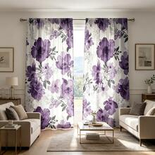 2pcs Watercolor Floral Art Style Digital Print Curtains, 100% Polyester Fabric, Rod Pocket Digital Print 2 Panels Curtains, No Lining, 90gsm, 180cm Wide, Suitable For Bedroom, Living Room, Dining Room, Bathroom, Outdoor And More - Multicolor - View 1