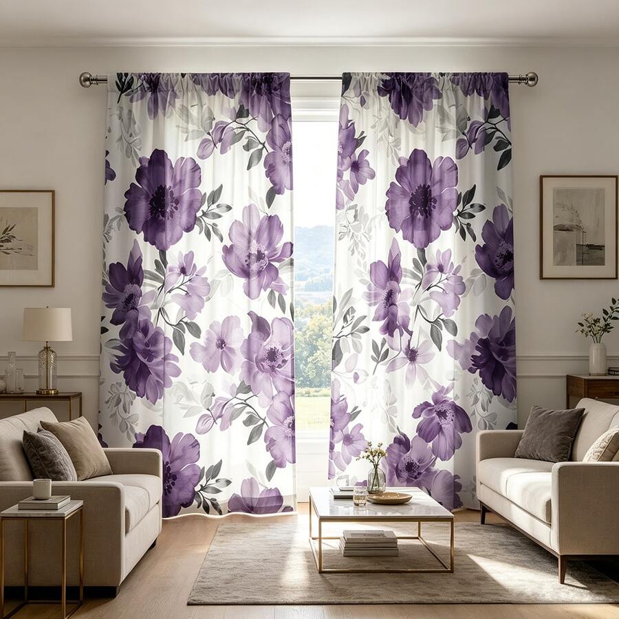 2pcs Watercolor Floral Art Style Digital Print Curtains, 100% Polyester Fabric, Rod Pocket Digital Print 2 Panels Curtains, No Lining, 90gsm, 180cm Wide, Suitable For Bedroom, Living Room, Dining Room, Bathroom, Outdoor And More - Multicolor - View 1