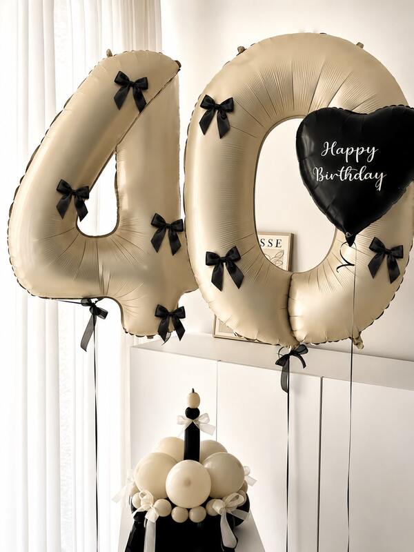 1 Set Large Cream White Number Balloons "0-9" With 5 Black Satin Bows, Birthday Party Balloons Suitable For Birthday Party, Wedding, Anniversary, New Year, Holiday, Back To School And Other Occasions