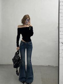 YEAE | Vintage Washed Blue Super Low-Waist High Stretch Flare Jeans Casual - Medium Wash - View 1