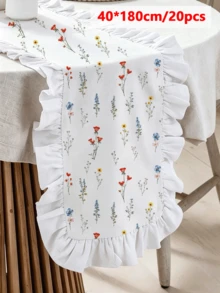 1/20PCS French Style Vintage Floral Lotus Leaf Ruffle Edge Table Runner, Long Tablecloth For Coffee Table, Cabinet, Outdoor Holiday Decor, Suitable For Living Room, Dining Room, Holiday Party, Family Gathering, Wedding, Birthday, Table Decoration, Washable - White - View 8