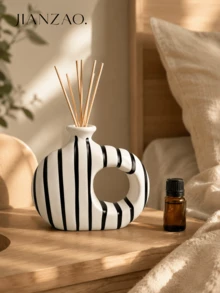 Jarrón de resina con diseño de donut hueco a rayas negras y blancas, estilo nórdico minimalista moderno, diseño asimétrico con agujero redondo hueco, contenedor de doble uso para flores secas y botella difusora de aromaterapia, 2 tamaños, adecuado para decoración de sala de estar y regalo de inauguración de casa - Frasco de aromaterapia a rayas blancas y negras - Ver 2
