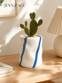 Korean Ins Minimalist Style Three-Color Striped Design Handmade Asymmetrical Wavy Resin Cup, Glossy Ceramic Texture, Multi-Functional Succulent Plant Pot & Cosmetic Storage Box, Dressing Table Decor Small Gift - Striped Wavy Flower Pot - View 5