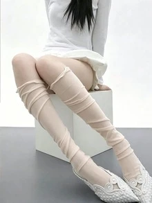 1/2 Pairs White Sheer Mesh Knee-High Socks, Pure Desire Style Slimming Calf Socks For Hot Girl Layering, Japanese Sweet & Cool Y2K Niche Design - Multicolor - View 12