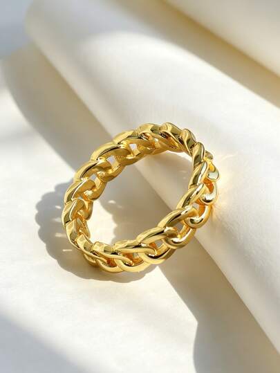 Charm-In Thick Curb Link Statement Ring 18K Gold Plated Solid Chain Band Fashion Stackable Ring For Women