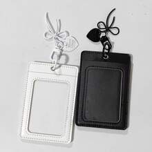 1pc Minimalist Black White Photocard Holder With Bow Heart Charm Keychain, Simple Solid Color 3 Inch Card Sleeve, Clear Window Student Campus ID Bus Pass Badge Card Cover, Back To School Supplies - Card Sleeve - View 5
