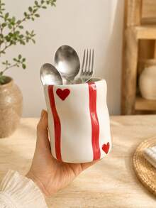 1pc Vintage Ins Style Heart Striped Wavy Resin Utensil Holder, Cute Farmhouse Kitchen Countertop Cutlery Organizer - Multicolor - View 5