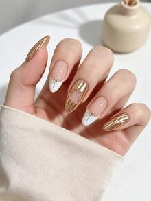 nailrosy 10片裝手工穿戴甲套組 杏仁形 粉色銀色蝴蝶珍珠貓眼 優雅極簡老錢風 日韓風清新設計 時髦法式中性古典創意亮面閃光假指甲套組 - 金色 - 查看 2
