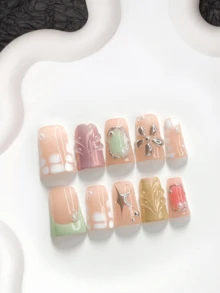 10pcs Sweet & Cool Handmade Press-On Nails, Polygel Nail Art Set, Water Ripple Pattern, Tiny Floral Dots, Stars, Green Nail Polish, Cute Girl Style, Includes Nail Tools, 3 Sizes Available, Almond/Duck/Coffin Shape, Suitable For Party, Dancing, Daily Wear - 彩色 - 查看 19