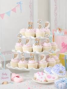 24pcs - Baby Party Balloon Bear Theme Cupcake Decorations, Moon Bear Cake Decor, Baby Bear Cake Decor, Little Bear Cupcake Toppers, Bear Theme Baby Shower, Gender Reveal Party Decorations (Blue) - Multicolor - View 3