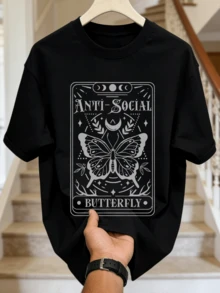 Camicia casual estiva da uomo con collo rotondo morbido e maniche corte, stampa grafica stile tarocchi nera, adatta per uso quotidiano. - nero - Visualizzare 4