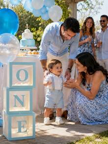 1套 1歲生日裝飾「ONE」氣球盒，透明立方體單字母氣球盒，適用於1歲生日派對裝飾，可用作嬰兒生日派對、嬰兒洗禮和蛋糕拍打攝影背景道具，慶祝裝飾（粉紅色、藍色、白色） - 彩色 - 查看 11