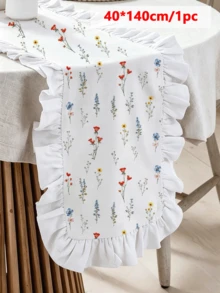 1/20PCS French Style Vintage Floral Lotus Leaf Ruffle Edge Table Runner, Long Tablecloth For Coffee Table, Cabinet, Outdoor Holiday Decor, Suitable For Living Room, Dining Room, Holiday Party, Family Gathering, Wedding, Birthday, Table Decoration, Washable - White - View 9