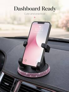 1pc Rhinestone Car Phone Holder, Cute Women's Horizontal/Vertical Screen Center Console Navigation Support Stand - A - View 2