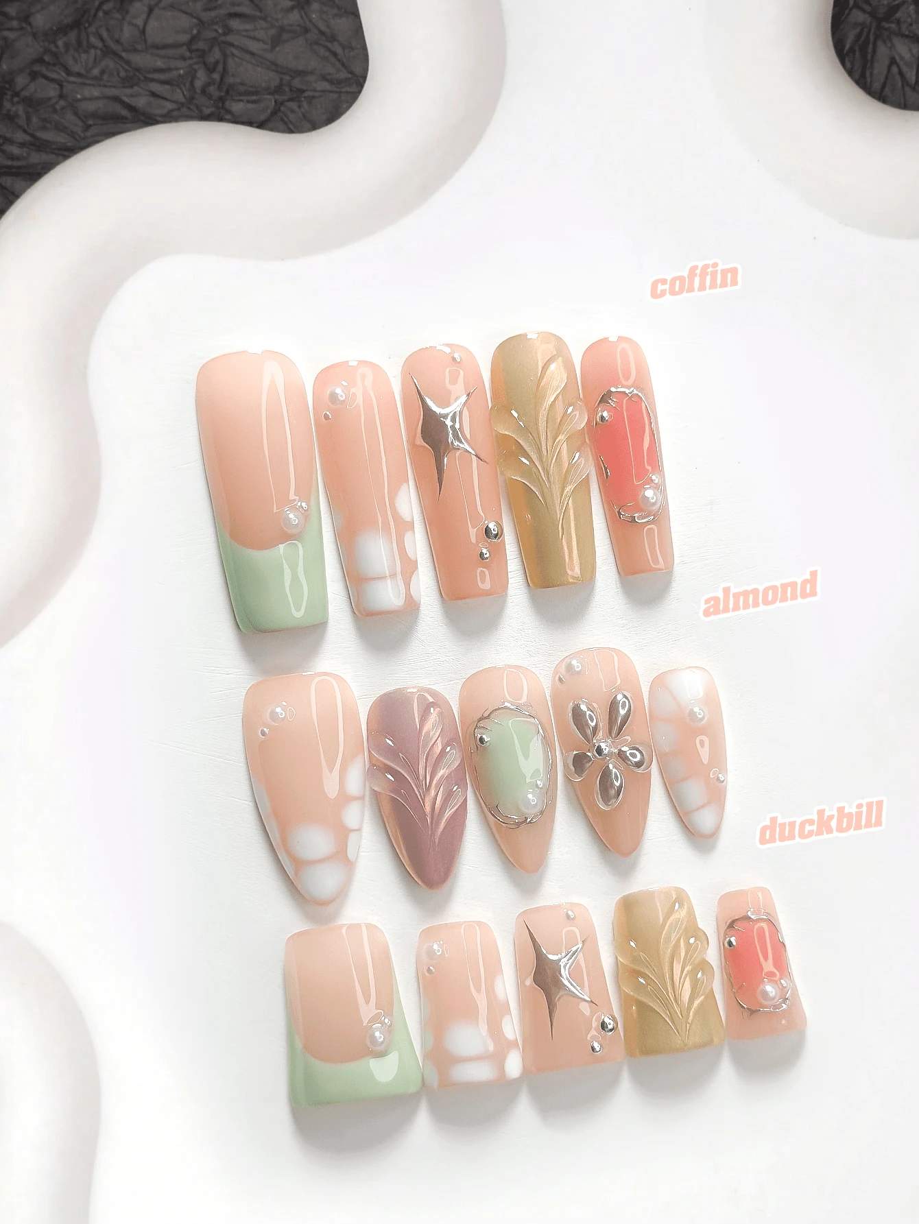 10pcs Sweet & Cool Handmade Press-On Nails, Polygel Nail Art Set, Water Ripple Pattern, Tiny Floral Dots, Stars, Green Nail Polish, Cute Girl Style, Includes Nail Tools, 3 Sizes Available, Almond/Duck/Coffin Shape, Suitable For Party, Dancing, Daily Wear - 彩色 - 查看 1