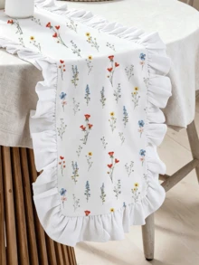1/20PCS French Style Vintage Floral Lotus Leaf Ruffle Edge Table Runner, Long Tablecloth For Coffee Table, Cabinet, Outdoor Holiday Decor, Suitable For Living Room, Dining Room, Holiday Party, Family Gathering, Wedding, Birthday, Table Decoration, Washable - White - View 5