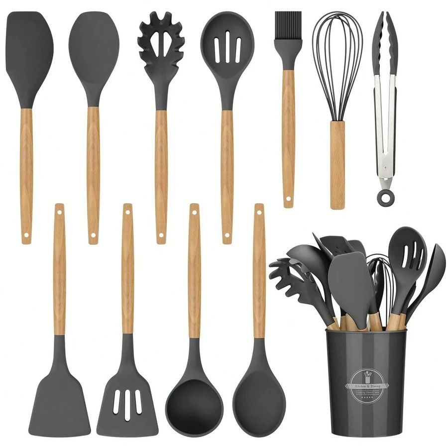 Silicone Kitchen Utensils Set With Wooden Handle, Non-Stick Cooking Tools, Including Scraper, Kitchen Gadgets For Home Cooking - Multicolor - View 1