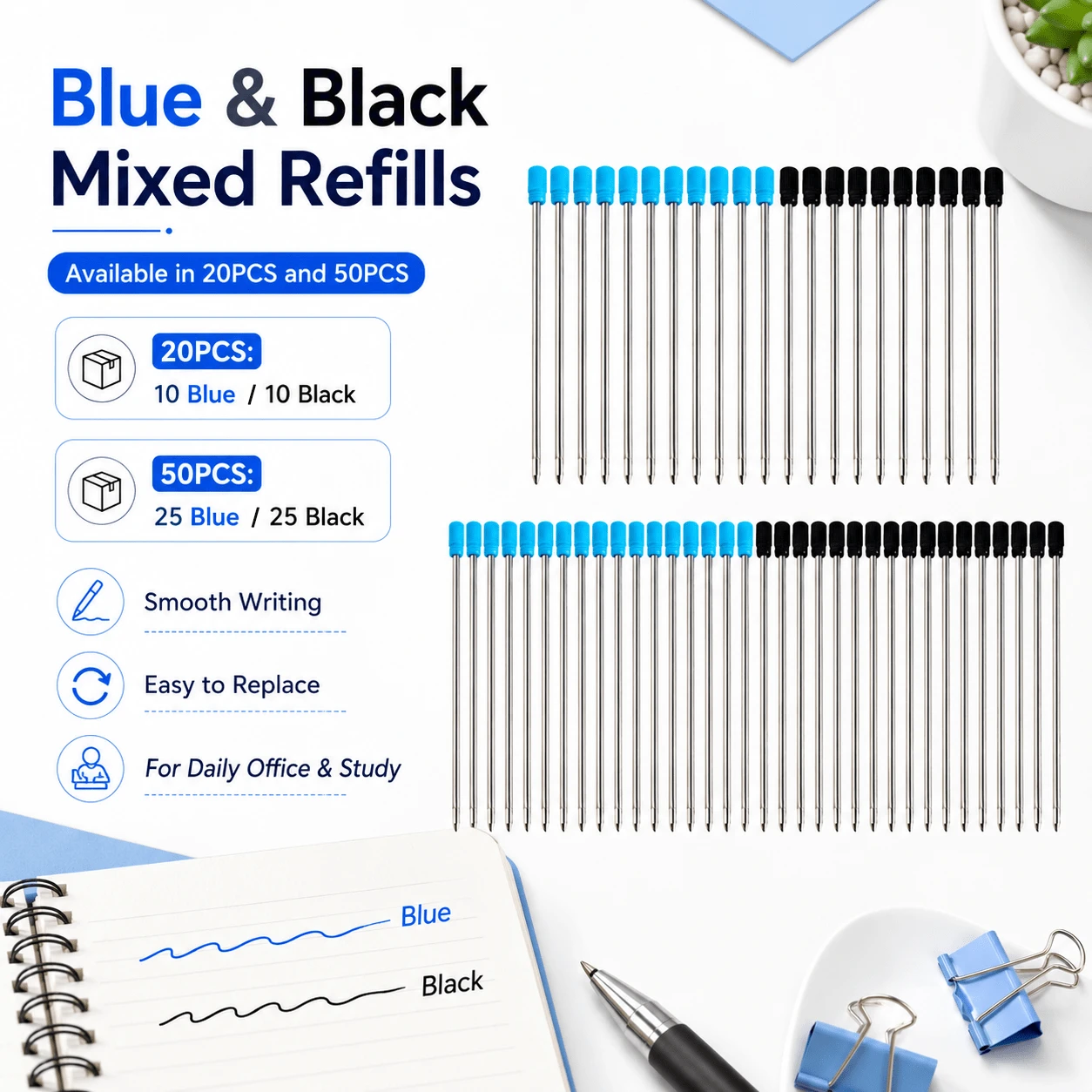 20/50pcs 0.7mm Metal Ballpoint Pen Refills, Compatible With Crystal Rhinestone Ballpoint Pen Barrels, Black/Blue Replacement Ink, 7cm, Office Stationery Accessories, Student Supplies, Back To School - Multiple Styles - View 1
