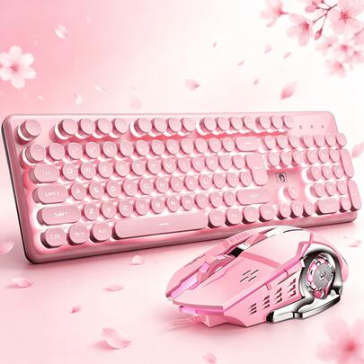 Aesthetic Pink LED Backlit Keyboard Mouse Combo, Ergonomic Tilt Angle, Kawaii Computer Peripherals ,Plug And Play For Home Office Gaming
