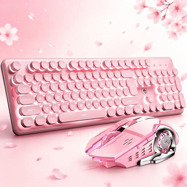 Aesthetic Pink LED Backlit Keyboard Mouse Combo, Ergonomic Tilt Angle, Kawaii Computer Peripherals ,Plug And Play For Home Office Gaming
