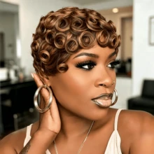 Natural Short Wave Pixie Cut Wig Human Hair, Brown Honey Blonde Highlight Human Wigs, Full Machine Made Human Hair For Daily - Multicolor - View 11