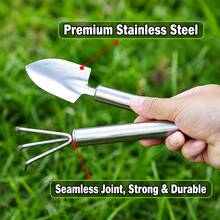 Set Alat Berkebun Mini, Sekop Tangan Stainless Steel 201 dan Garu Penggaruk 3 Cabang dengan Pegangan Anti Selip, Alat Berkebun Kecil Tahan Karat untuk Sukulen, Bonsai, Menanam, Memindahkan Tanaman, dan Menggemburkan Tanah - A - View 5