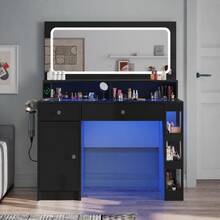 White Makeup Vanity Desk With LED Lighted Mirror & Power Outlet, 3 Adjustable Light Modes, Hair Dryer Holder, 5 Storage Shelves & 2 Drawers For Bedroom - Black - View 11